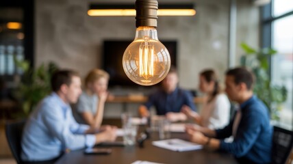 A group of business people sitting around a table with a light bulb hanging above them in a meeting room setting with modern interior