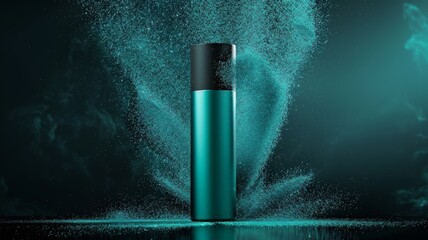 Sleek teal electronic device with black cap amidst swirling particles.