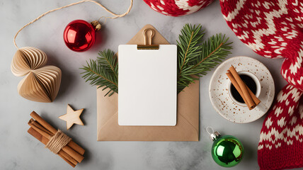 Cozy christmas trending: nostalgic holiday decor with blank note pad, festive ornaments, and spiced coffee