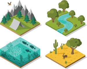 Isometric nature landscapes, mountain forest camping scene, winding river valley, coral reef ocean habitat,