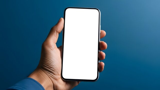 Hand holding blank white smartphone screen against a blue background