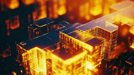 Abstract digital cityscape glowing orange with data network - Powered by Adobe