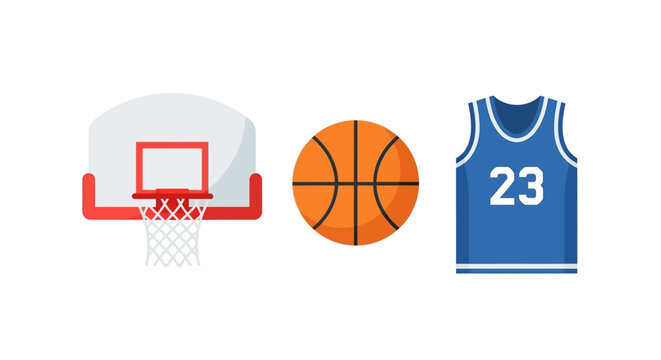Flat design basketball equipment set - hoop, orange ball, and blue jersey with number 23.