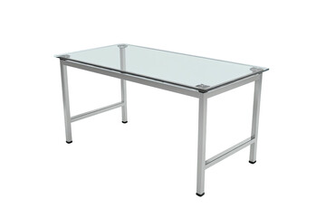 Simple desk with glass top, silver metal frame on black