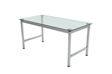 Simple desk with glass top, silver metal frame on black