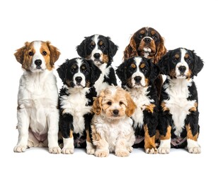 Group portrait of several adorable puppies, all looking at camera