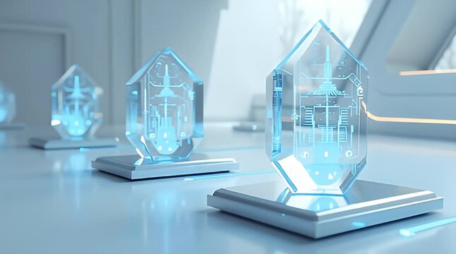 Transparent crystalline data cores placed on metallic stands, internal glowing circuits, AI memory concept, ultra-clean futuristic aesthetic.
