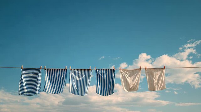 Laundry drying on clothesline blue sky