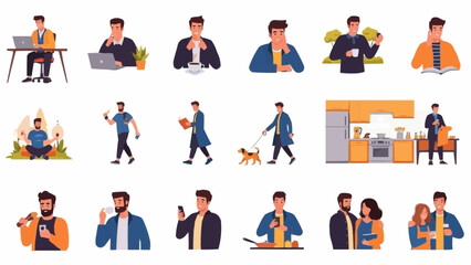 Diverse collection of men engaged in various daily activities and interactions.