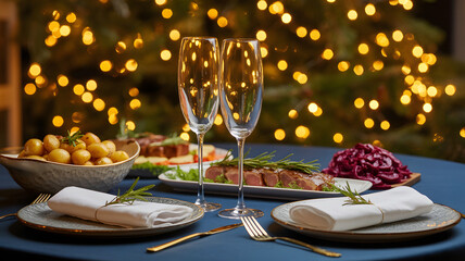 Gourmet evening table setting with festive lights