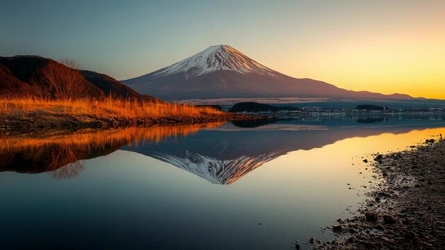 Mount Fuji reflection at sunrise