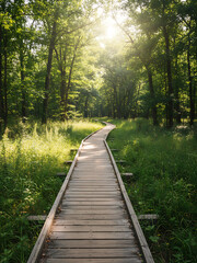 Obraz premium Wooden trail in a forest glade serving as an outdoor recreational pathway, seasonal change awareness day, Nature & Outdoor Recreation