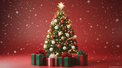 Glowing christmas tree and colorful gift boxes on festive red background