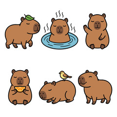 A collection of six cute cartoon capybaras depicted in various adorable poses and activities, including bathing, eating, and interacting with a bird.