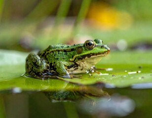 Obraz premium A green frog sits on a lily pad with its reflection in water