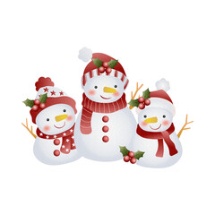 Three adorable snowmen with red hats and scarves festive winter holiday characters.