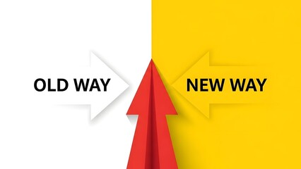 Concept illustration OLD WAY vs NEW WAY arrows, white and yellow halves divided by a bold red arrow pointing forward. business change, comparison and transformation banner.