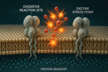 Scientific illustration showing cell level oxidative stress analysis. Membrane bound enzymes reacting to free radicals, with proton gradient visualized in this reaction