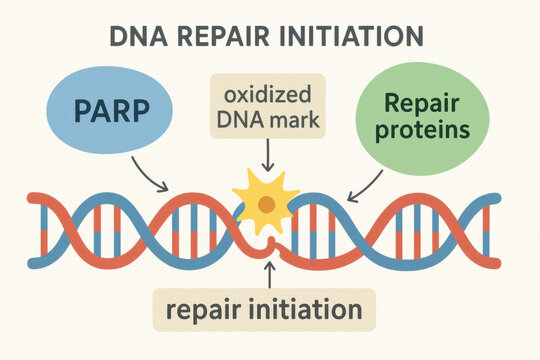 Scientific infographic of crucial DNA repair initiation pathway. PARP and repair protein respond to oxidized damage for essential cell health and function