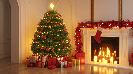 Cozy christmas eve scene with sparkling tree and jumping flames by the fireplace