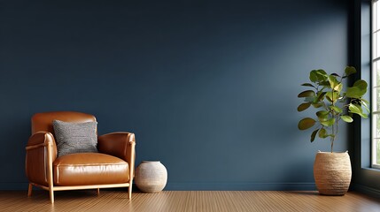 A stylish and minimalist living room with a rich dark blue wall, a comfortable tan leather armchair, and ample copy space- 3D rendering