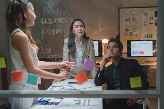 Business team brainstorming product ideas using sticky notes