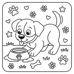 Cute Puppy Playing with Water Bowl Coloring Page – Adorable Dog Line Art for Kids