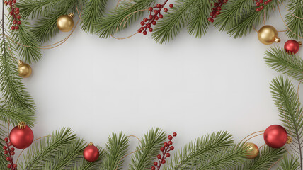 Merry holiday greenery frame with red and gold ornaments