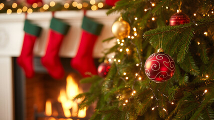Classic christmas glow: decorated tree and festive fireplace