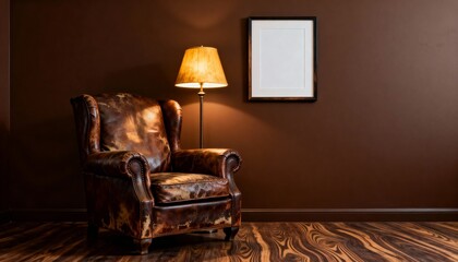 Masculine Leather Living Room Interior with Blank Wall Frame