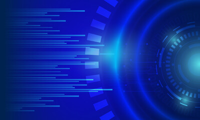 blue circle circuit wtih stripes lines neon shine light cyberspace networking on smooth gradient abstract high technology background