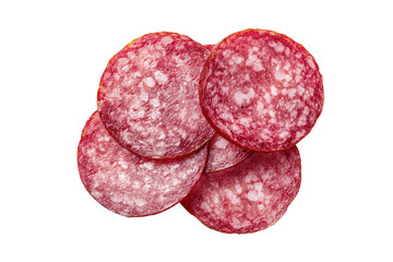 Sliced, overlapped salami with marbled fat