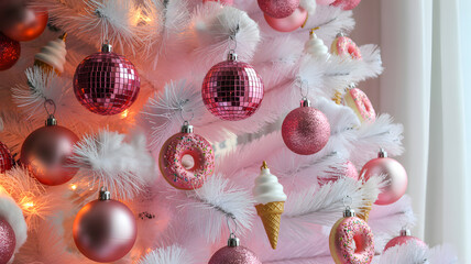Cute pastel pink christmas tree decorated with creative treats and shiny baubles