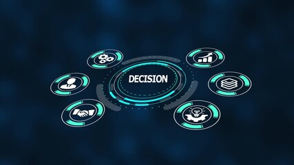Strategic decision making interface with connected business icons, analytics flow, leadership planning system, and futuristic digital management visualization.