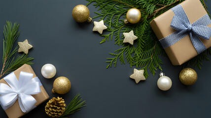 Elegant christmas gifts and ornaments on matte black background