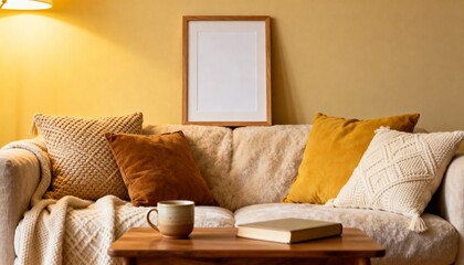 Warm Family Cozy Living Room with Empty Wall Frame Mockup