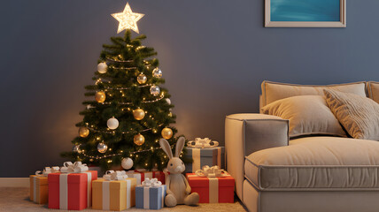 Cozy christmas living room scene with decorated tree and gift-filled ambiance