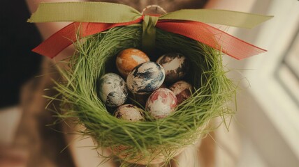 Beautifully decorated Easter eggs nestle in vibrant green grass held by caring hands tied with festive ribbons