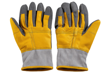 Two yellow/grey work gloves shown facing forward