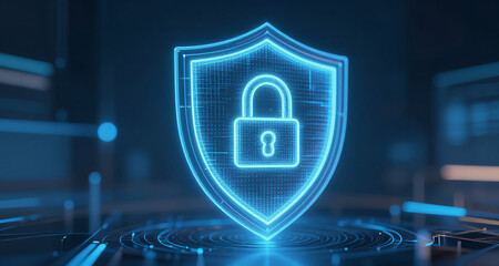 Abstract visualization of cyber security, digital shield glowing