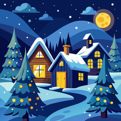 Vector illustration of a cozy snowy December night with glowing houses and pine trees.
