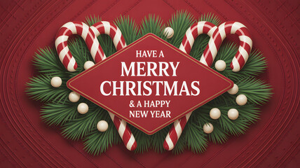 Rustic christmas greetings: candy canes and pine wreath on festive red background
