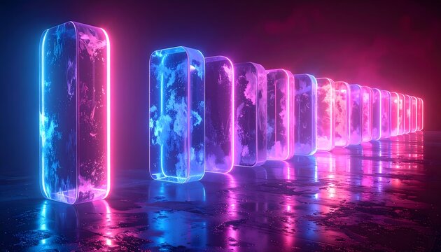 Illustration of neon lit ice blocks in a row on a dark reflective surface with pink and blue glow