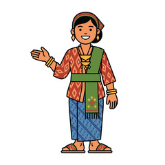 Smiling woman in traditional Indonesian or Southeast Asian attire, wearing a patterned top, blue sarong, and green sash, gesturing with open hand.