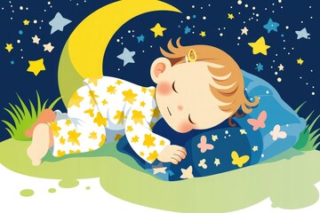 cute cartoon baby sleeping on crescent moon with stars and butterflies in colorful flat illustration for nursery decor and children's projects