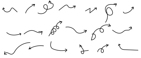 Hand drawn arrow set with crayon texture - curved and straight, Marker pen pointer icons, Curvy directional symbols.