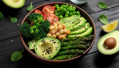 Fresh and Healthy Avocado and Broccoli Bowl with Chickpeas and Asparagus
