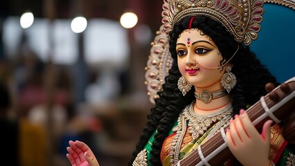 Close up of durga idol with intricate details during the durga puja festival celebrations