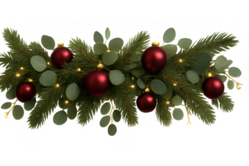 Festive christmas garland featuring pine branches, red baubles, eucalyptus leaves, and warm fairy lights, providing holiday cheer