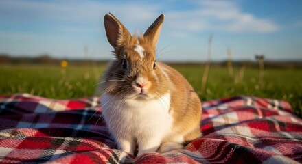 Adorable bunny sits on a checkered blanket outdoors, a charming portrait of a pet rabbit against a verdant field.